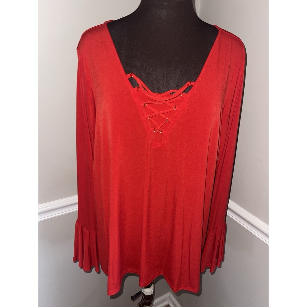 Avenue V Neck Lace Up Bell Sleeve‎ Tunic Shirt Plus Size 18/20 Stretch